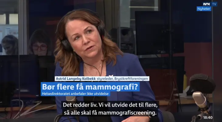 Styreleder Astrid Langeby Kolbekk forsvarte utvidelse av Mammografiprogrammet på Dagsnytt 18 på NRK 14. april. Skjermbilde